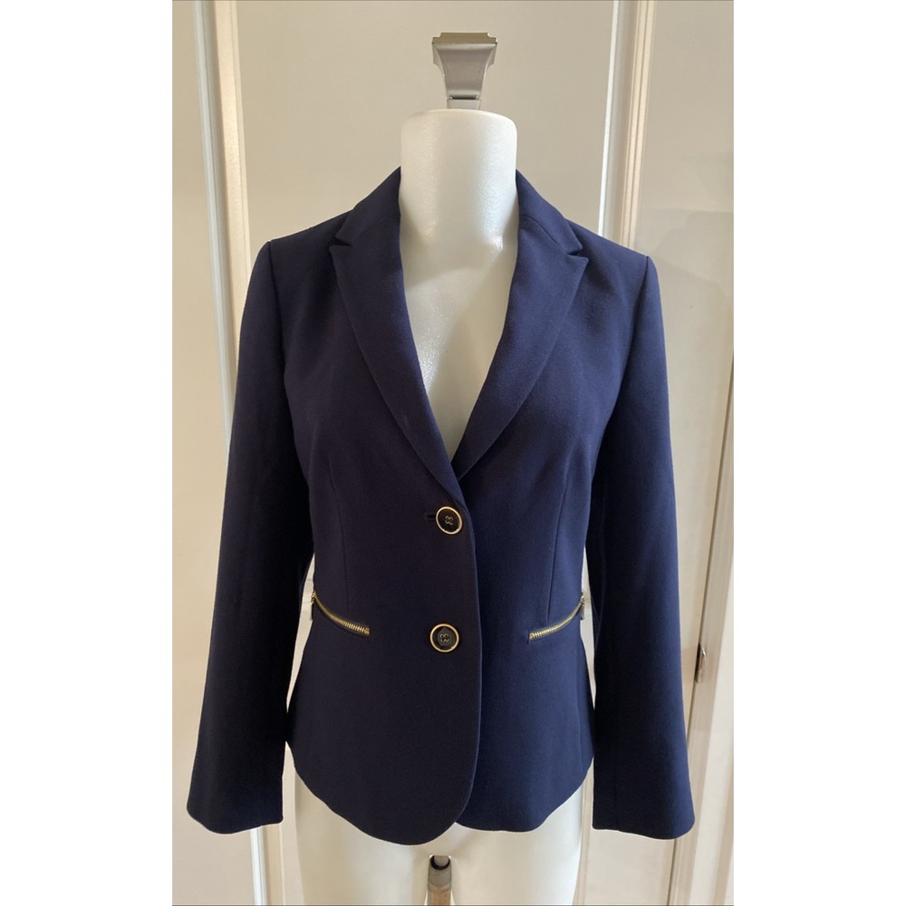 Talbots Navy Blue Blazer Lined Size 2P Gold Zip Pocket Preppy Classic Nautical